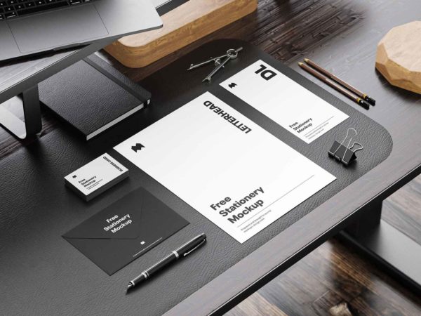 Stationery Mockups in a Workspace Scenes Free PSD