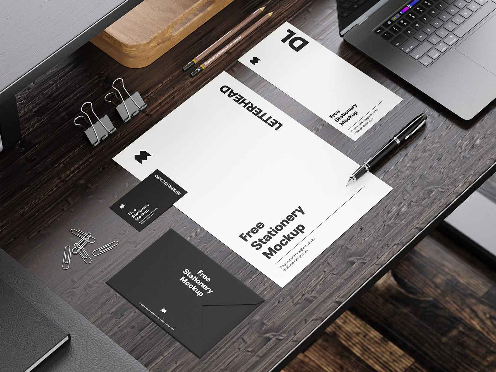 Stationery Mockups in a Workspace Scenes Free PSD