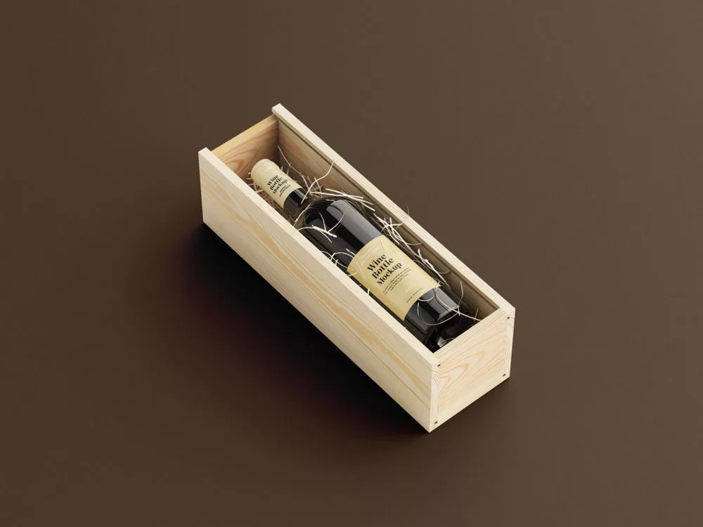 Wood Box with Wine Bottle Free Mockups