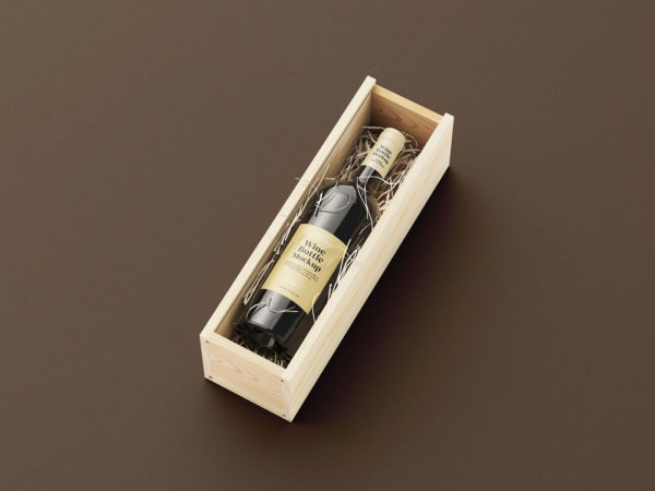Wood Box with Wine Bottle Free Mockups