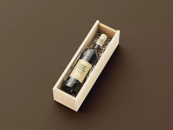 Wood Box with Wine Bottle Free Mockups