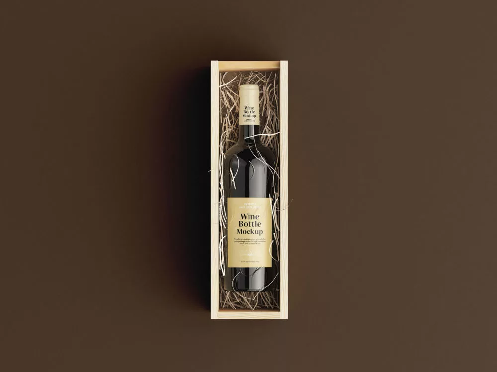 Wood Box with Wine Bottle Free Mockups