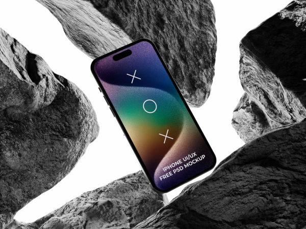 iPhone Among Rocks UI/UX Free PSD Mockup