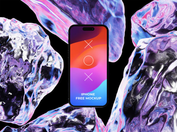 iPhone Free Mockup with Floating Crystals on the Background