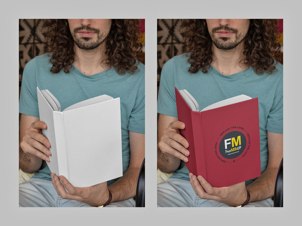 Hardcover Book Mockup Featuring a Man Reading