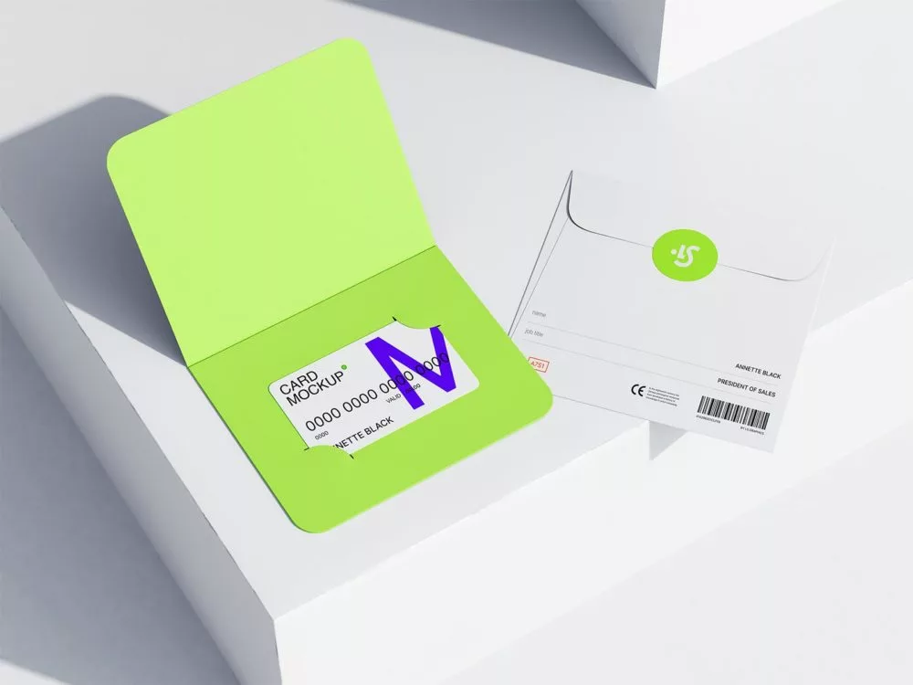Free Gift Card with Envelope Mockup PSD Scene