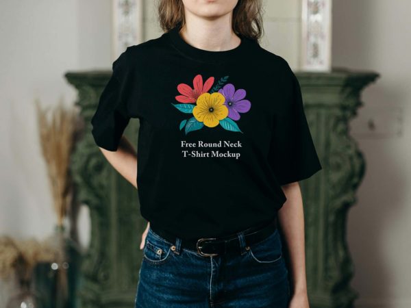 Free Round Neck Black T-Shirt Mockup