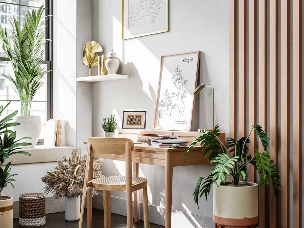 Poster Frame Mockup in Light Workspace Interior