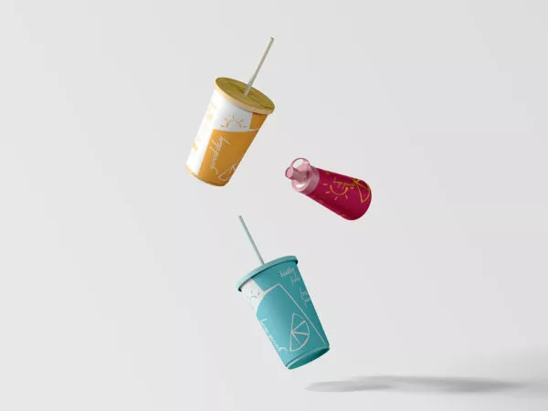 Soda Cup with Lid and Sauce Bottle Mockups