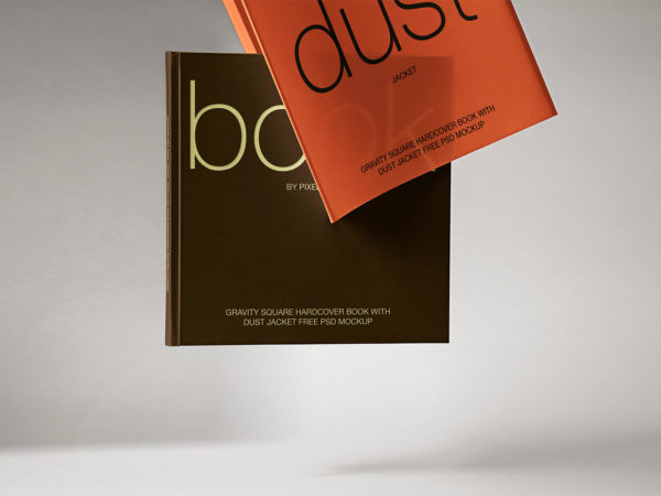 Free Gravity Square Book Mockup with Dust Jacket