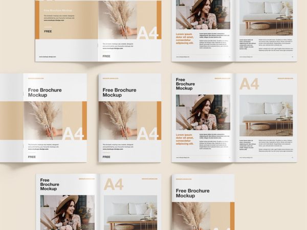 Free A4 Brochure Mockup Set – Multiple Scenes PSD Bundle | free-mockup.com