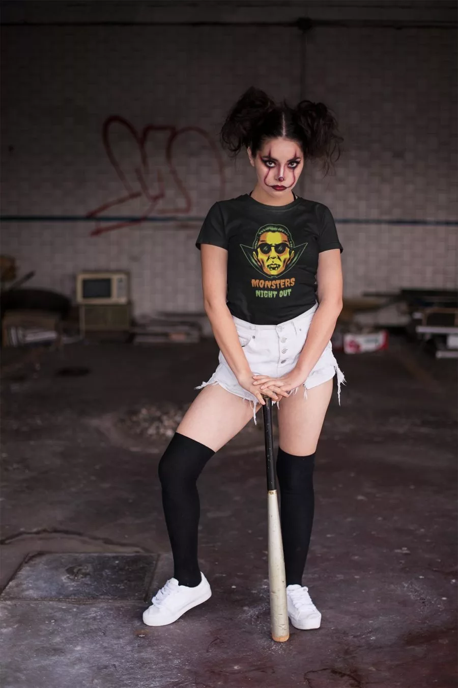 Halloween T-shirt Mockup of a Woman in Clown Makeup