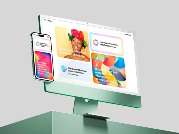 iMac and iPhone Pro Screens Mockup β Isometric Scene