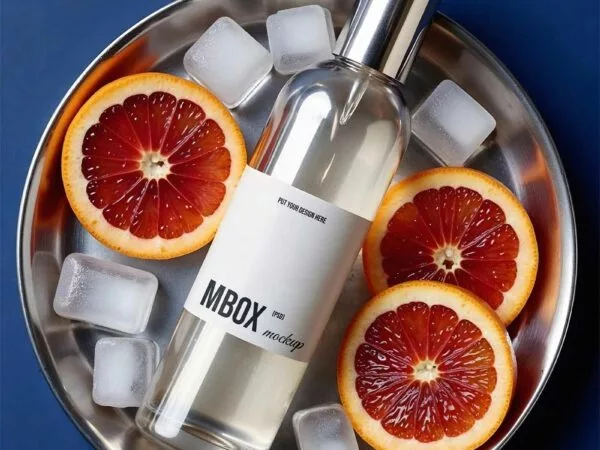 Glass Cosmetic Bottle Mockup – Citrus & Ice Scene