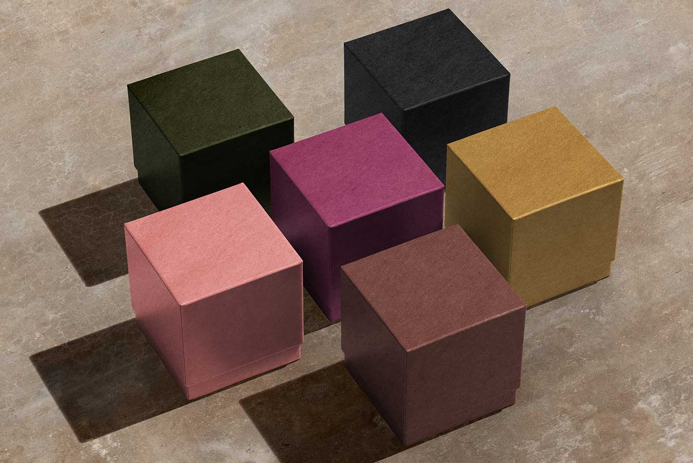 Square Product Box Mockups – Isometric View on Concrete