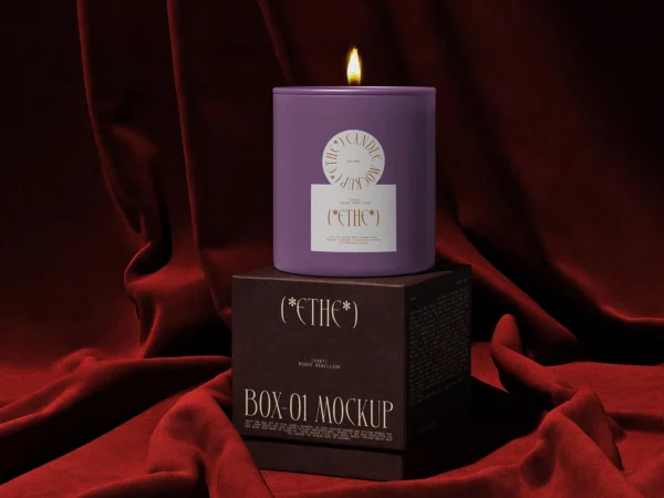 Candle with Box Mockups | Elegant Scene w/ Fabric Backdrop
