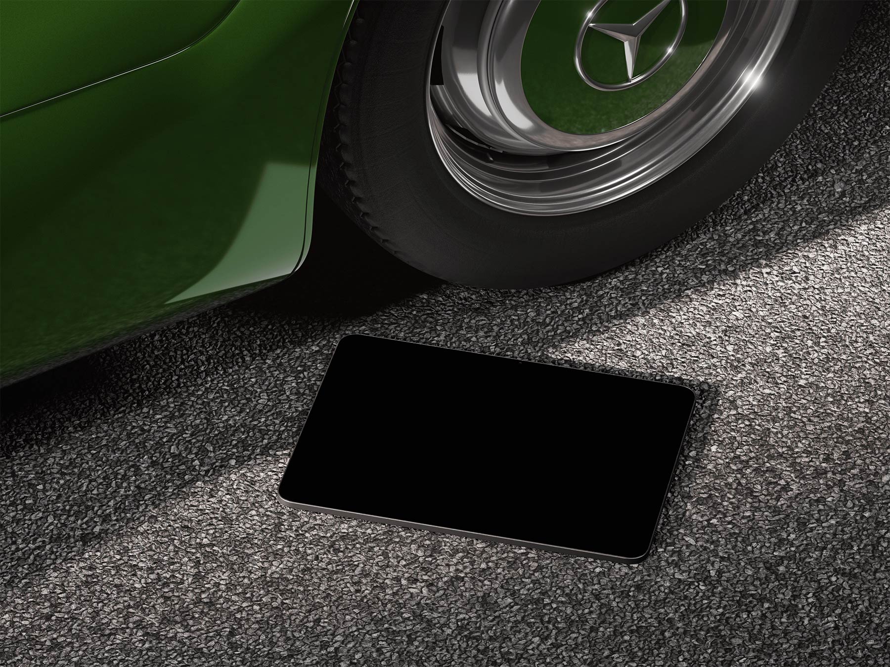 Free iPad Tablet Mockup on Asphalt (Street Scene)