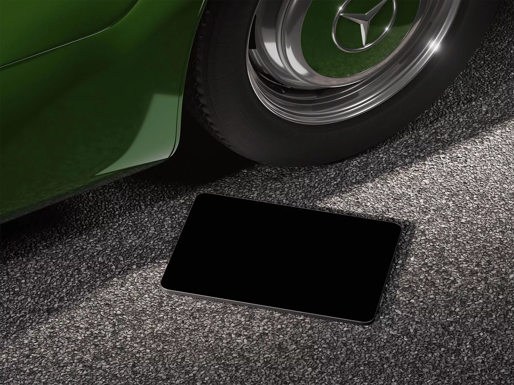 Free iPad Tablet Mockup on Asphalt (Street Scene)