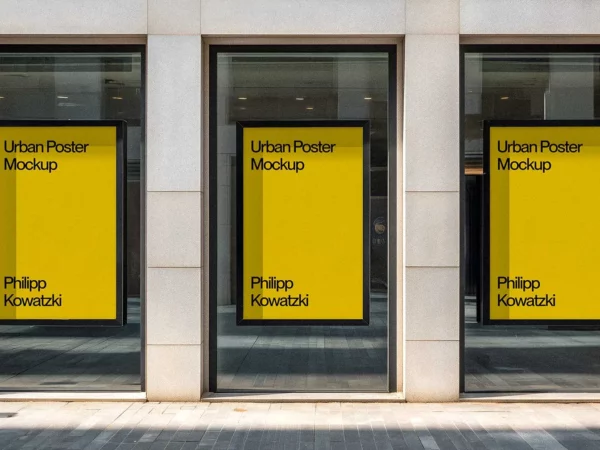 Storefront Facade with Three Urban Posters Mockup
