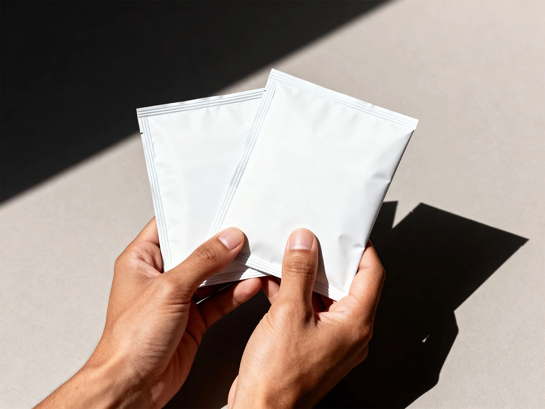 Hands Holding Sachet Packaging Mockup