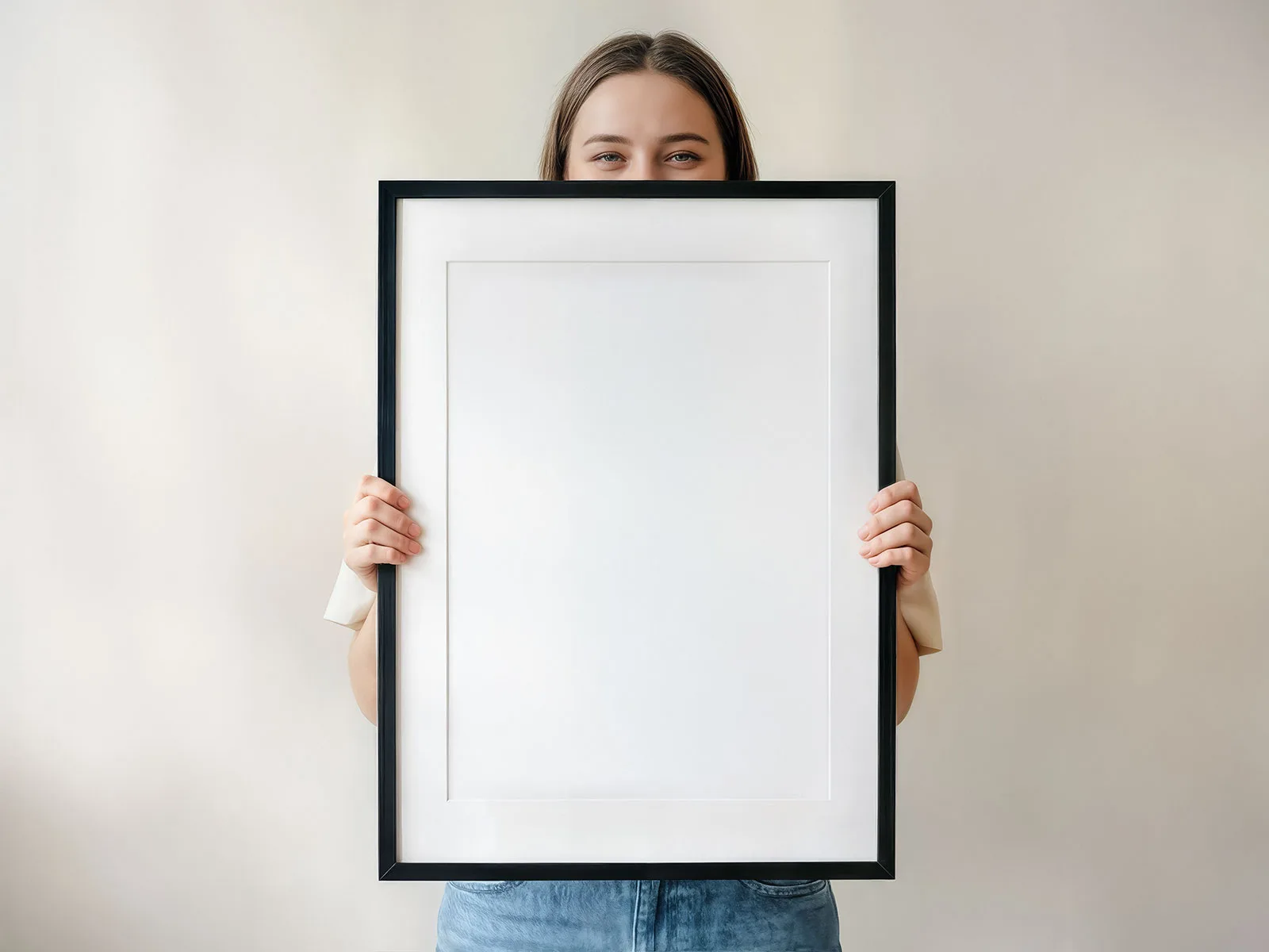 Mockup of a Woman Holding Vertical Poster Frame