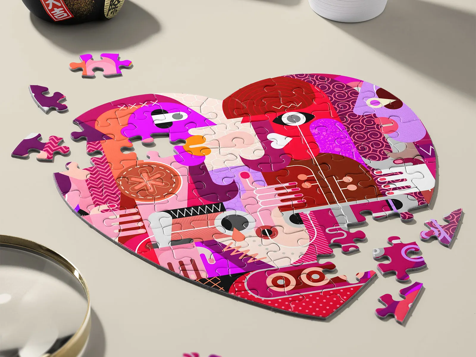 Heart Jigsaw Puzzle Mockup on Desk