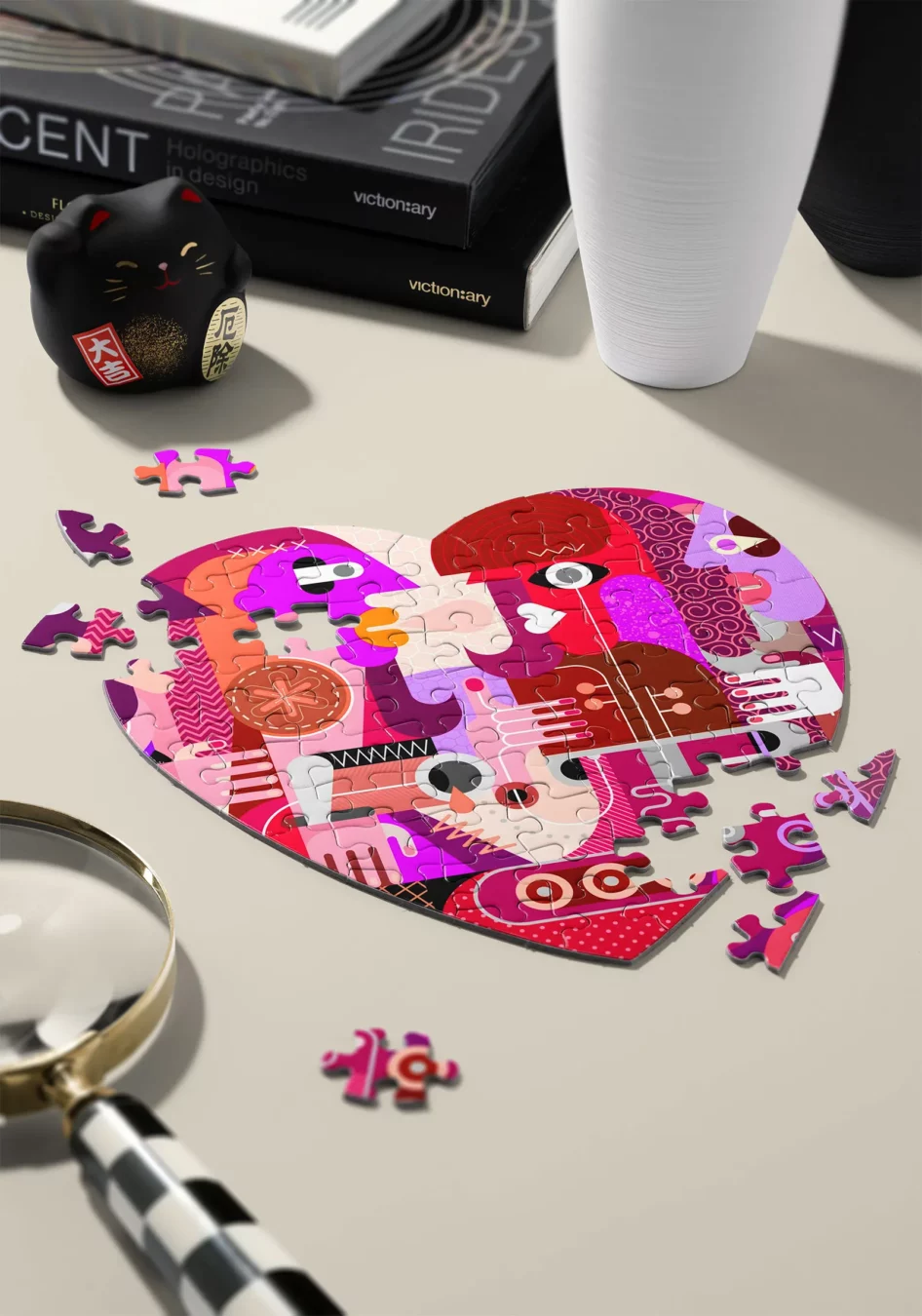 Heart Jigsaw Puzzle Mockup on Desk