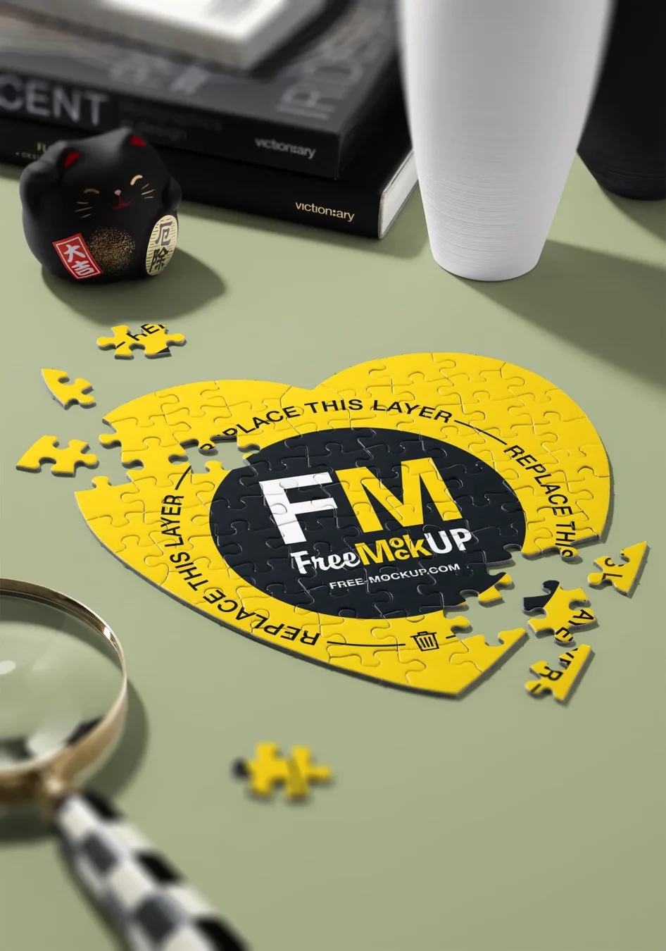 Heart Jigsaw Puzzle Mockup on Desk