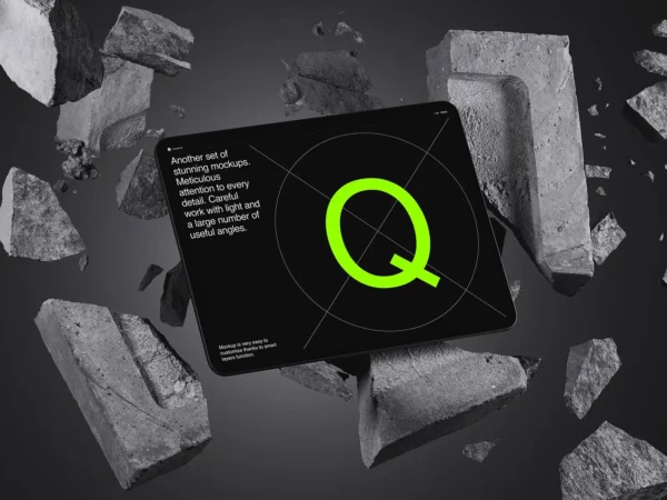 iPad Tablet Mockup in Floating Concrete Block Scene