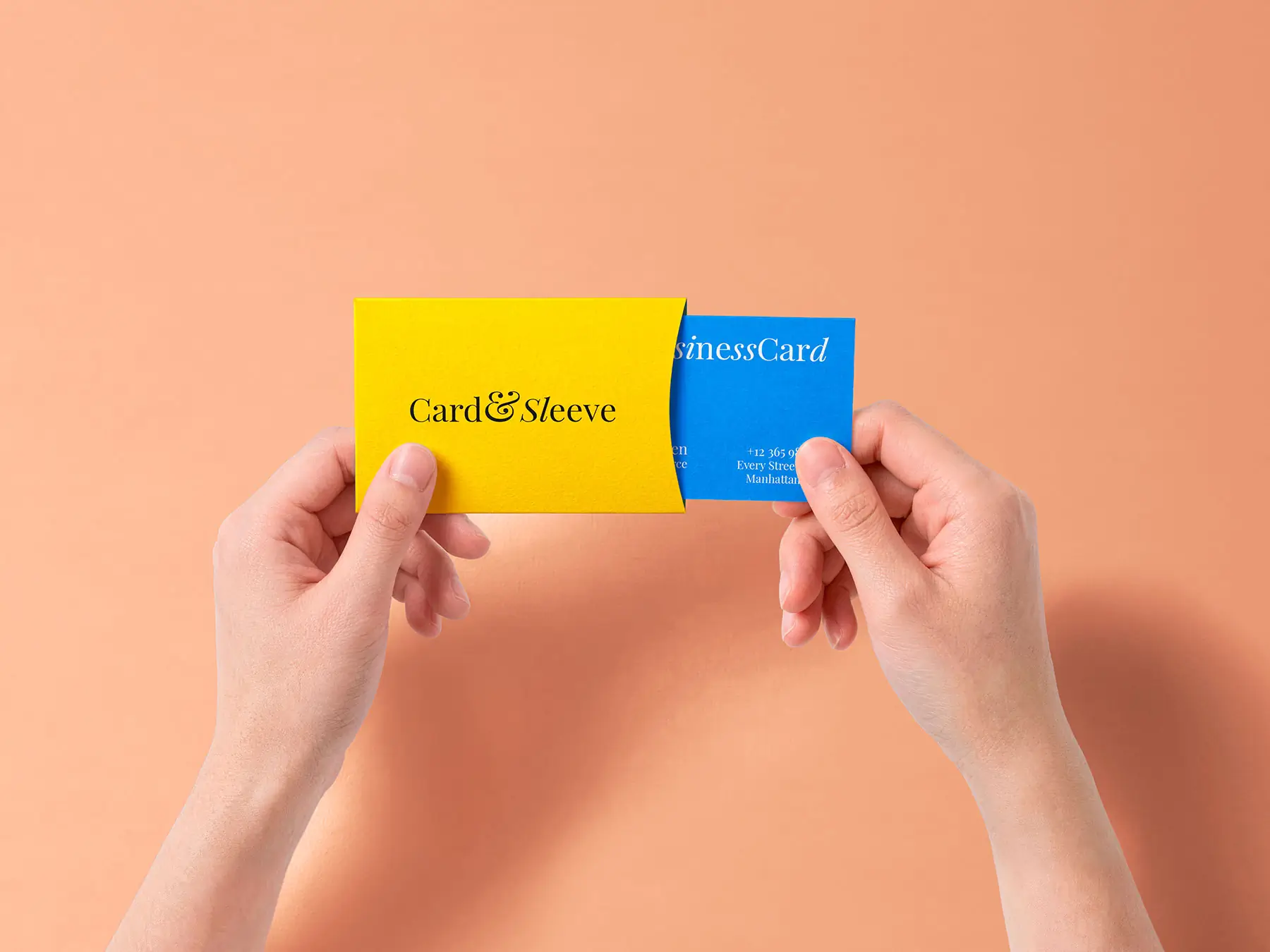 Business Card Mockup in Hands with Sliding Sleeve