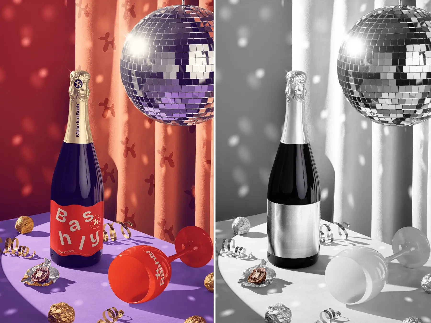 Champagne Bottle and Wine Glass PSD Mockup