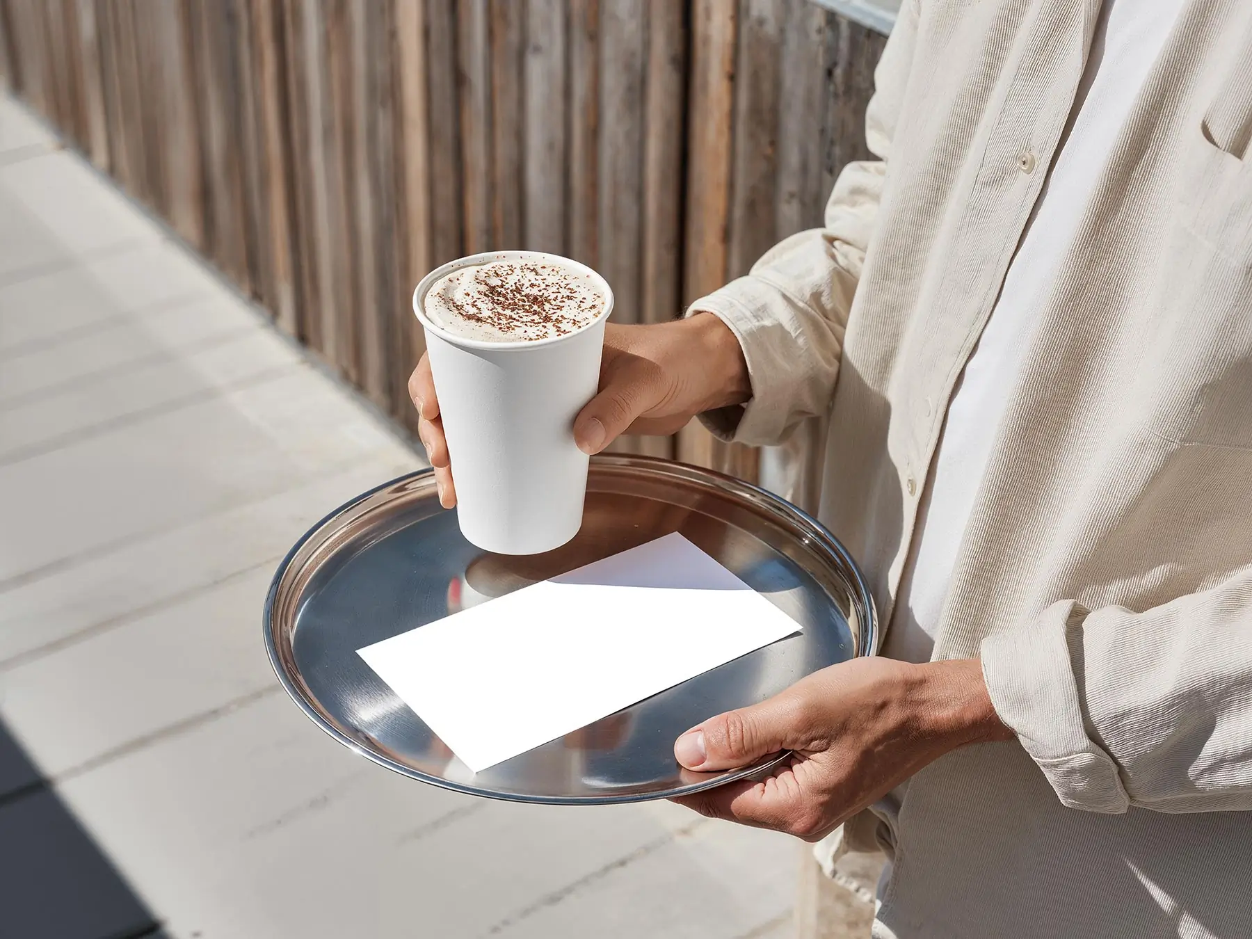 Paper Coffee Cup Mockup in Hand (Barista Tray Scene)