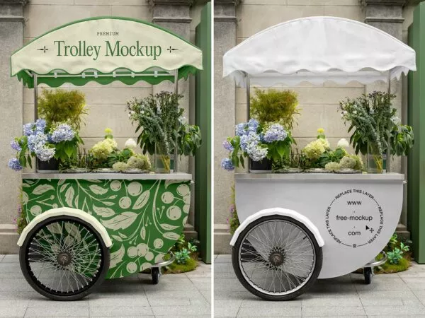 Free Flower Cart Mockup – Mobile Floral Trolley PSD