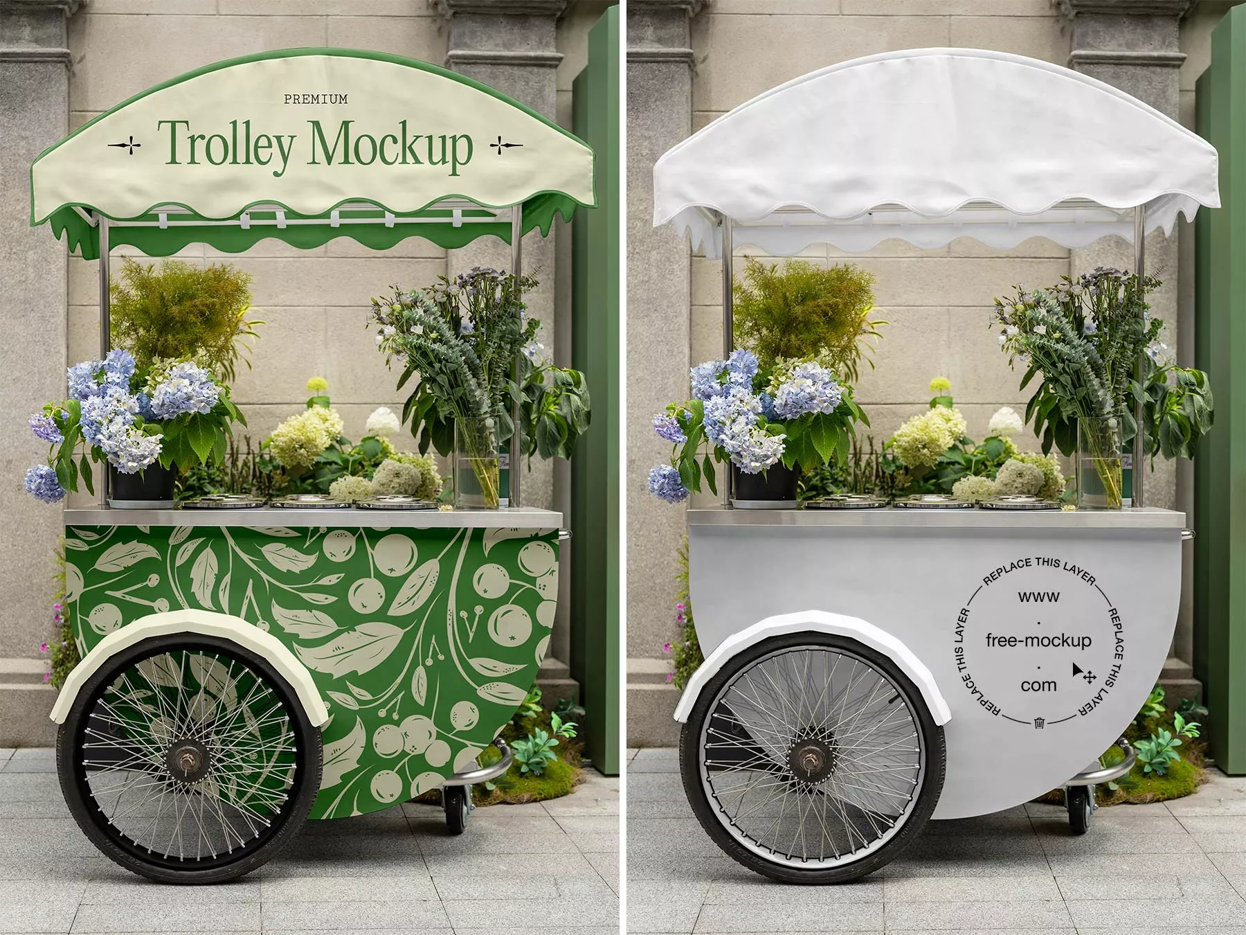 Free Flower Cart Mockup – Mobile Floral Trolley PSD