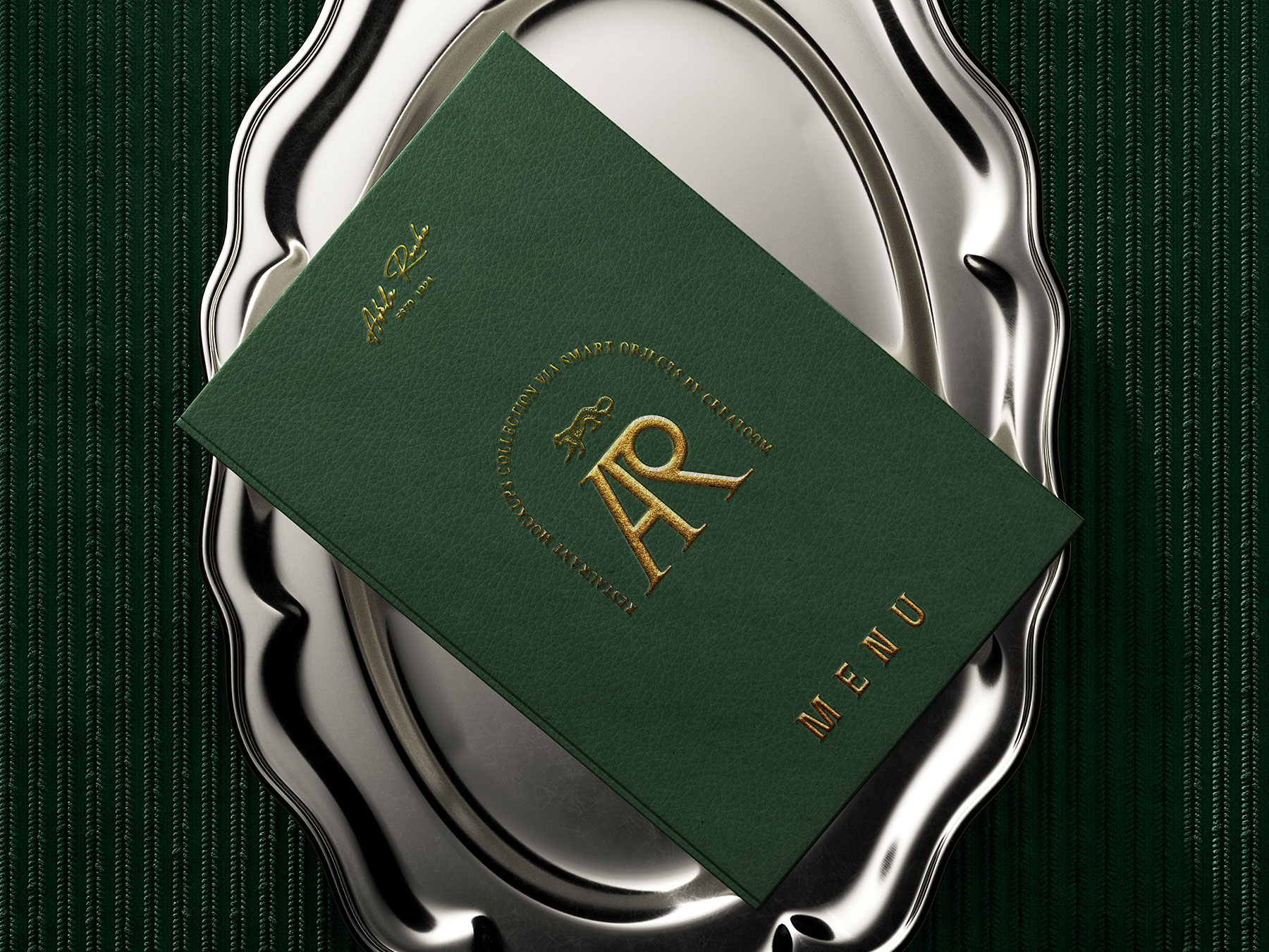 Luxury Restaurant Menu on Silver Tray Mockup