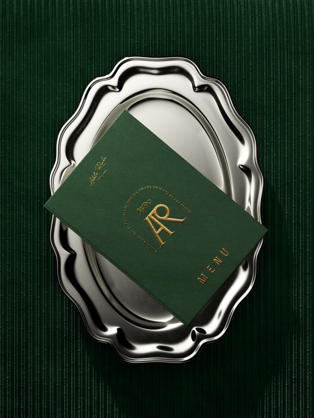 Luxury Restaurant Menu on Silver Tray Mockup