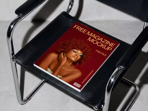 Magazine Mockup on Minimalist Leather Chair (Free Download)
