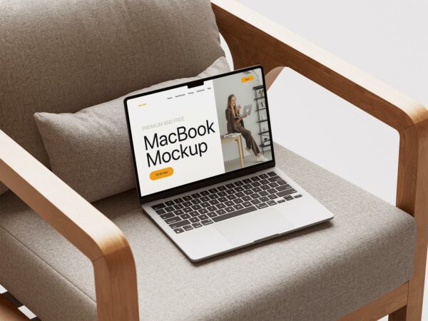 Free MacBook Pro on Wooden Armchair Mockup Set