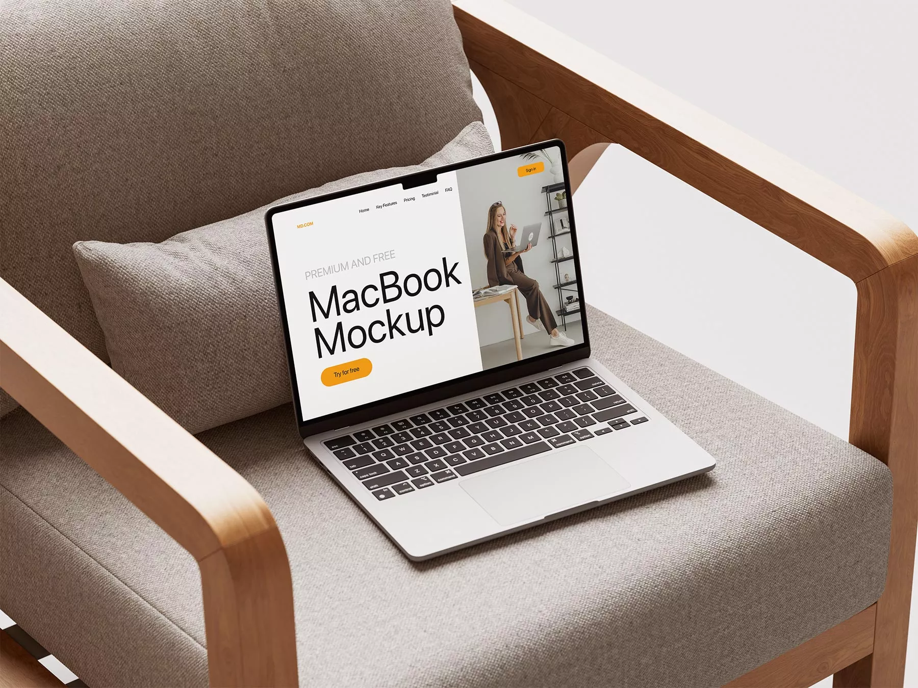 Free MacBook Pro on Wooden Armchair Mockup Set