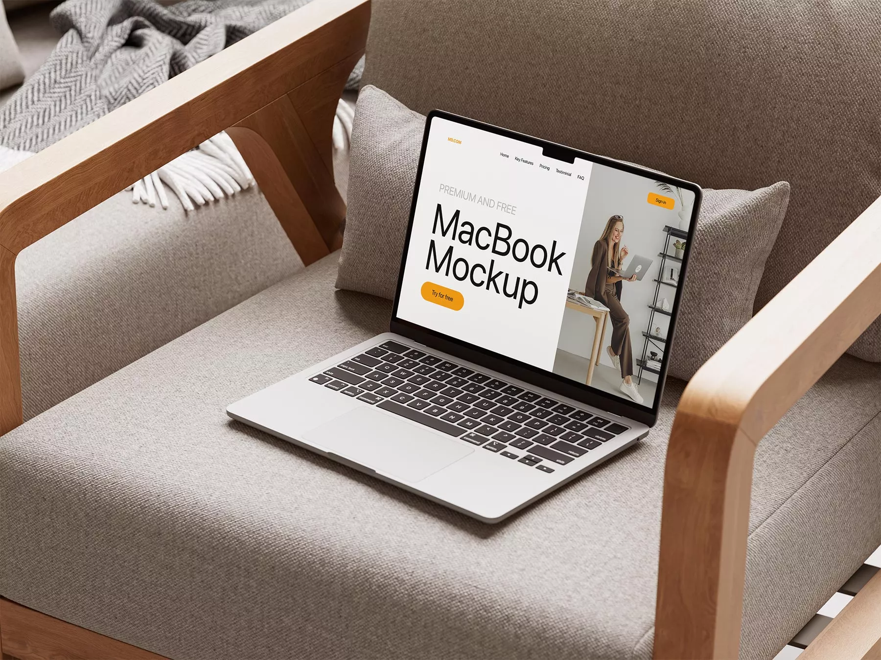 Free MacBook Pro on Wooden Armchair Mockup Set