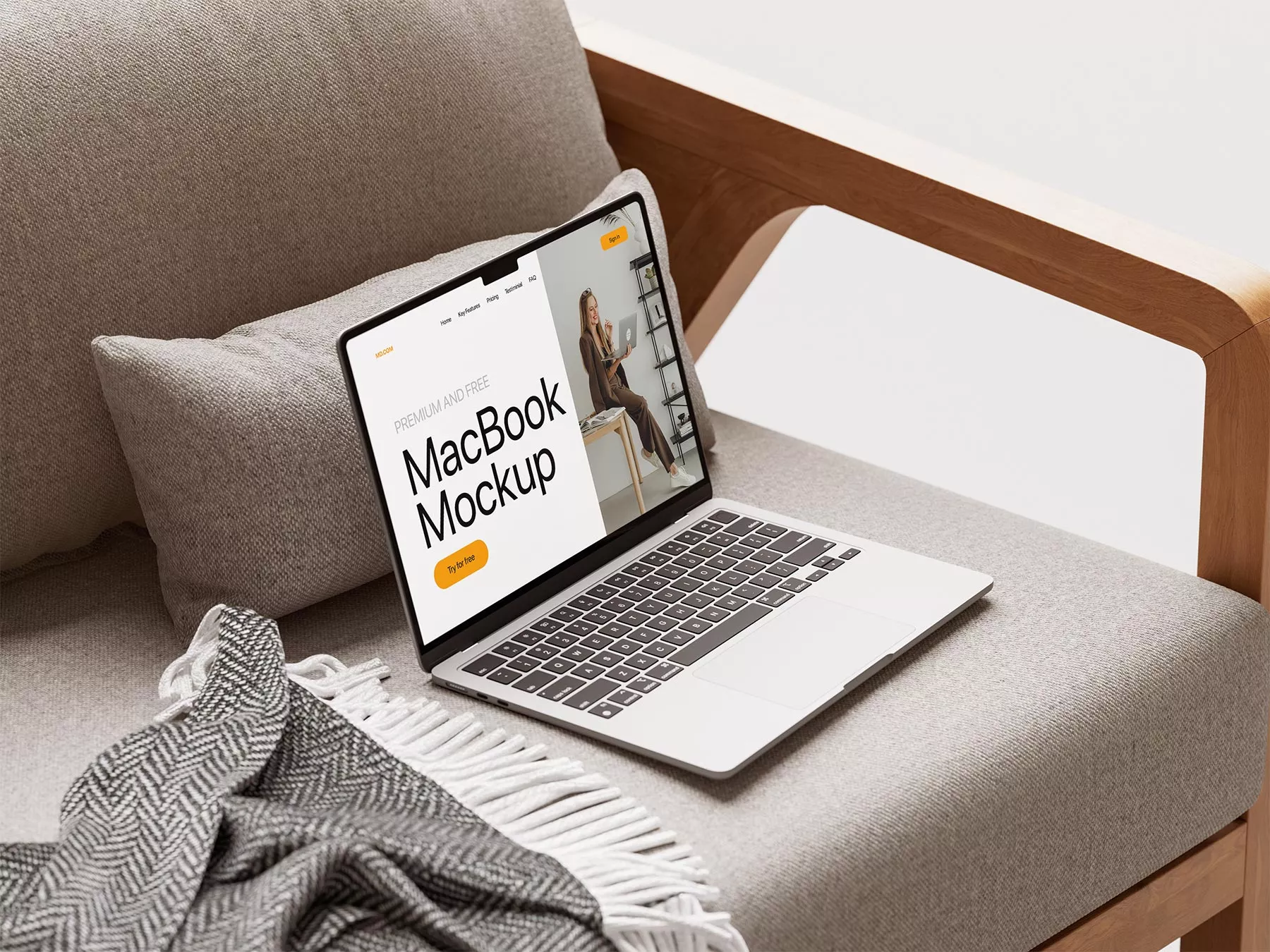 Free MacBook Pro on Wooden Armchair Mockup Set