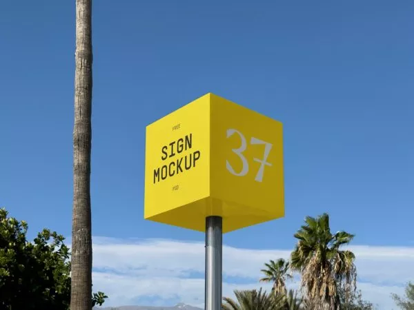 Free Outdoor Cube Sign Pole Mockup