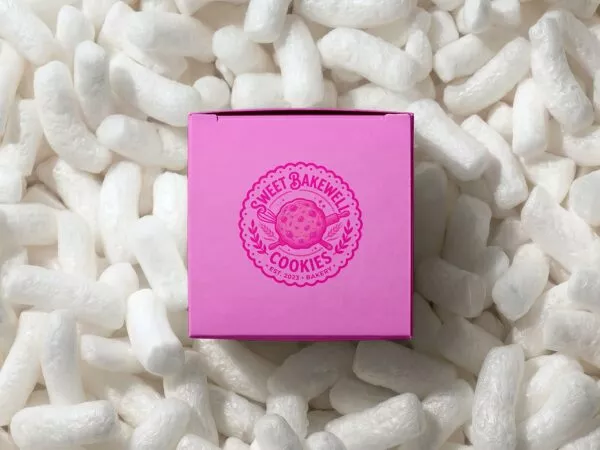 Free Square Shipping Box Mockup in Packing Peanuts