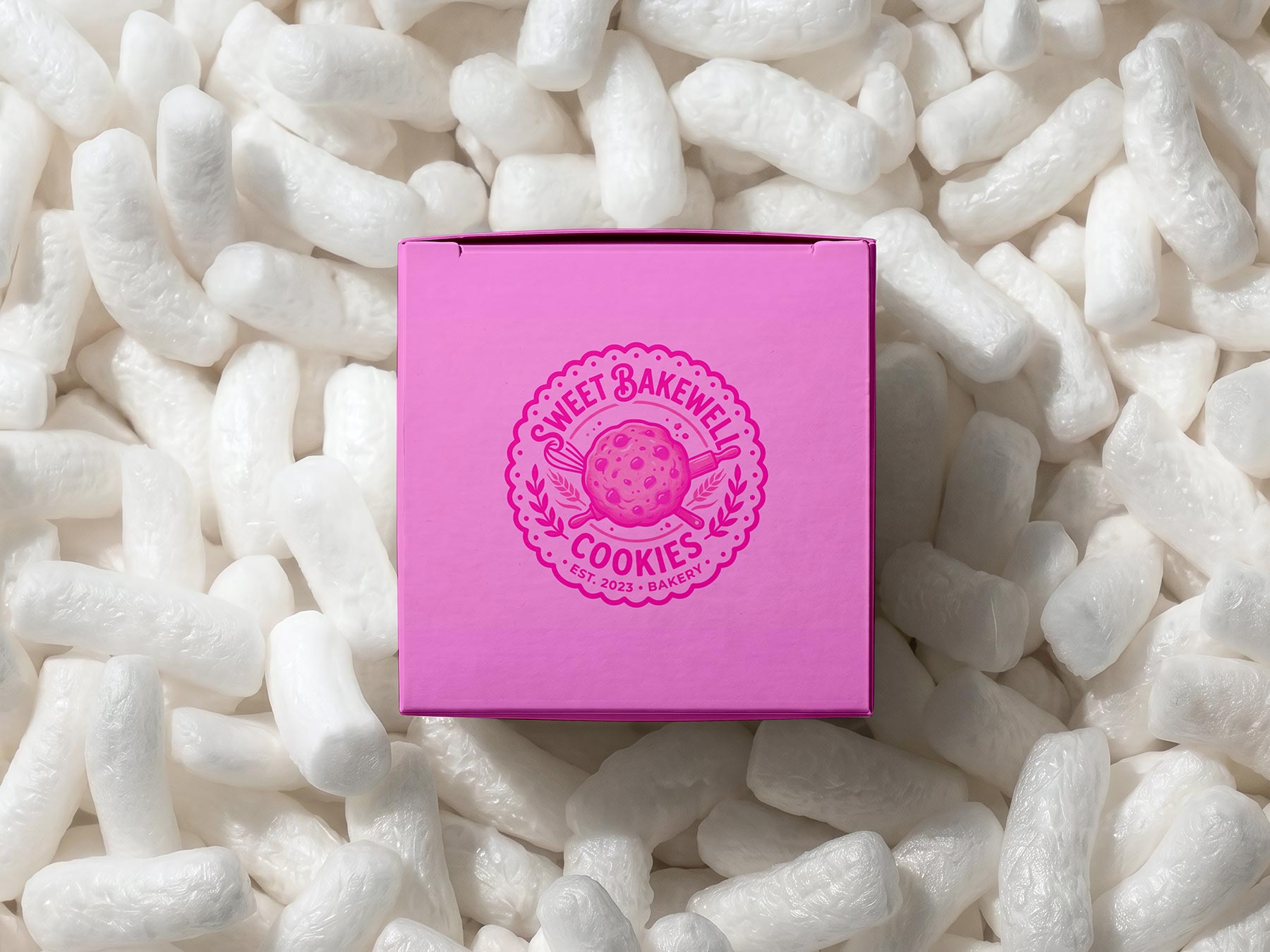 Free Square Shipping Box Mockup in Packing Peanuts