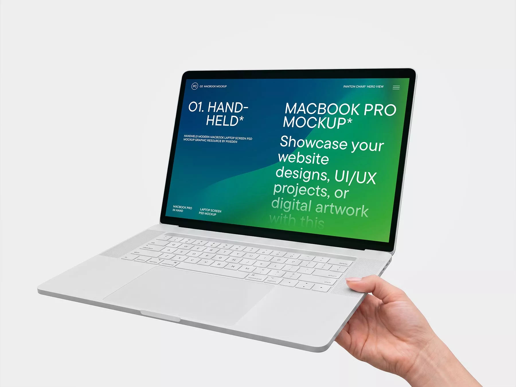 Hand Holding White Laptop Free Mockup