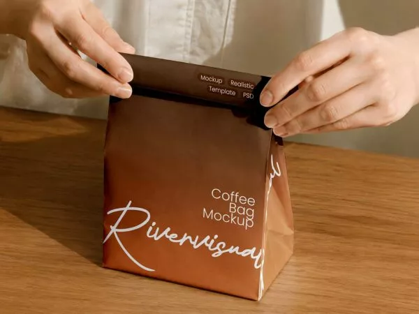 Hands Opening Coffee Bag Packaging Free Mockup