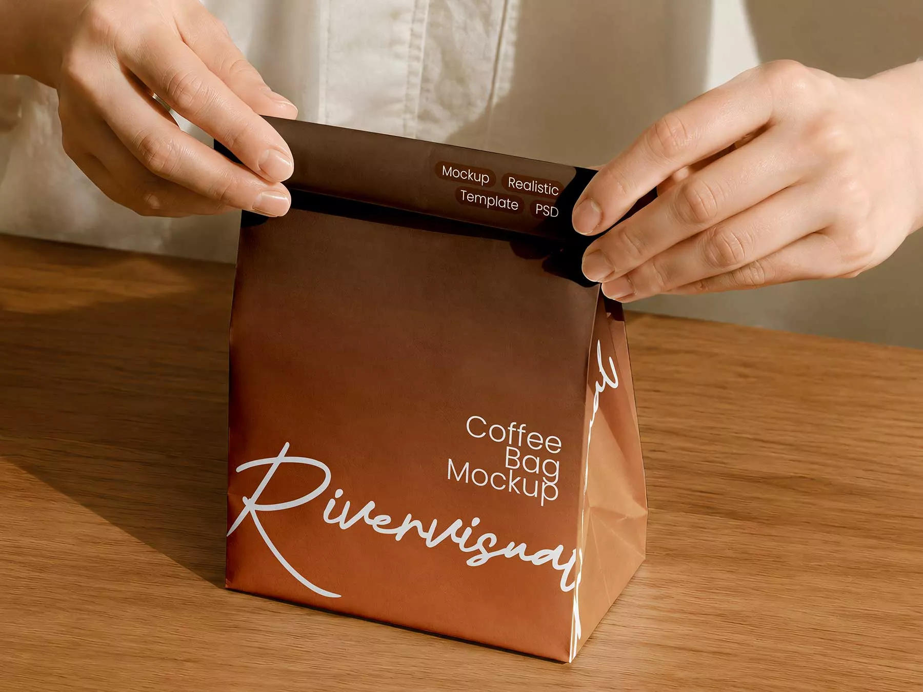 Hands Opening Coffee Bag Packaging Free Mockup