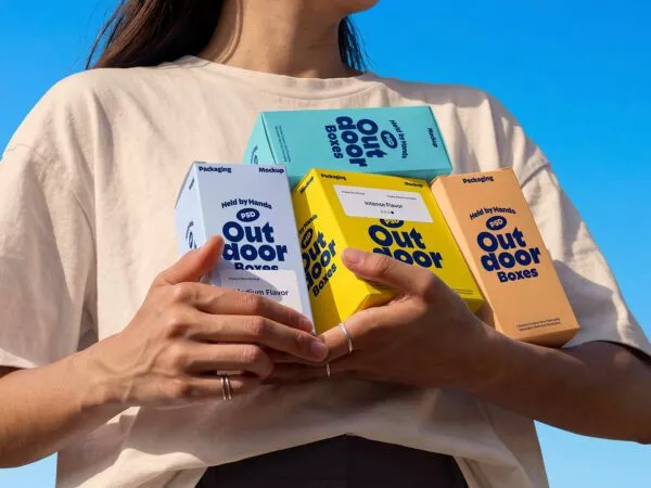 Person Holding Multiple Product Boxes Free Mockup