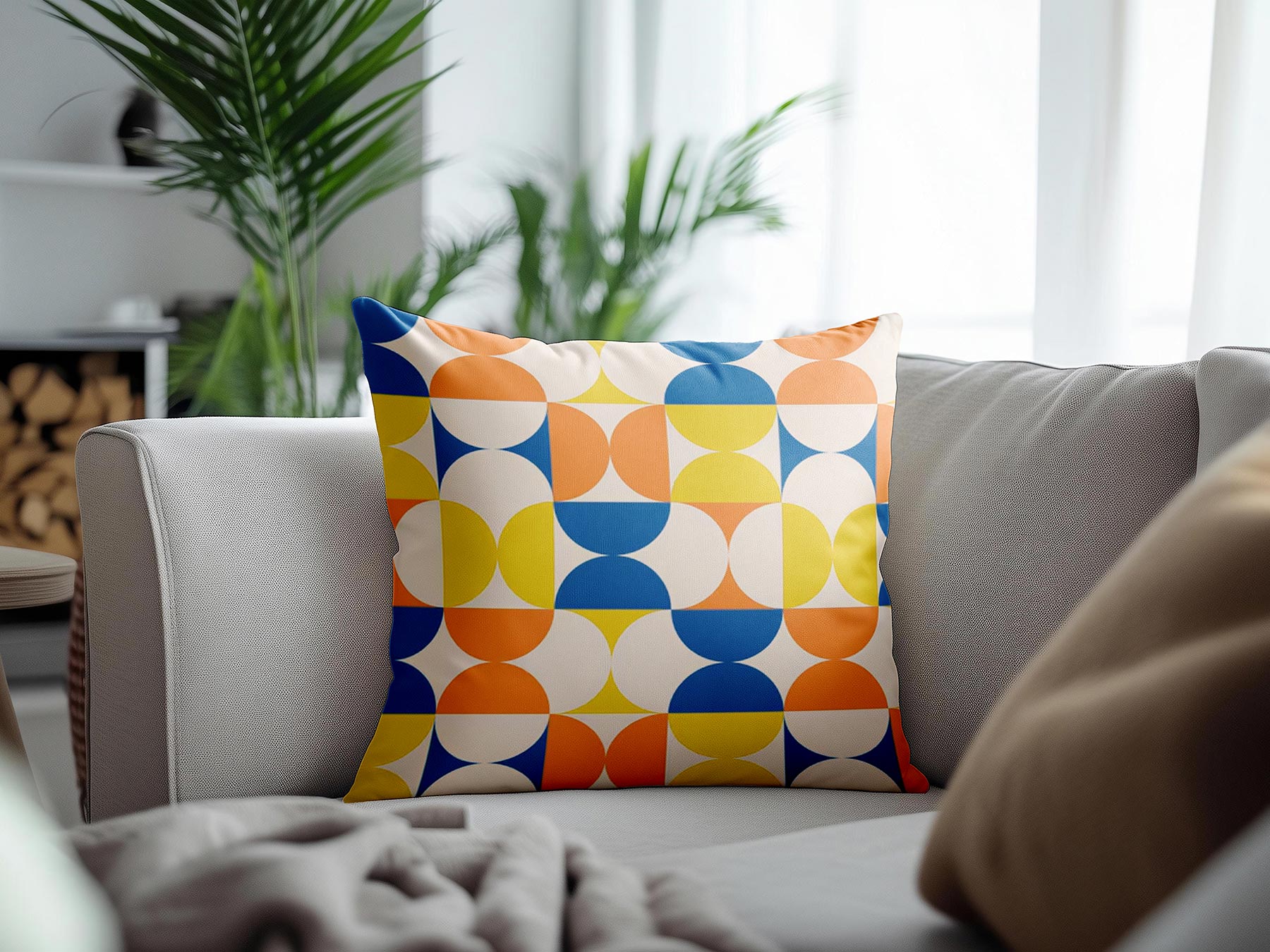 Square Pillow Free Mockup on Couch in Living Room