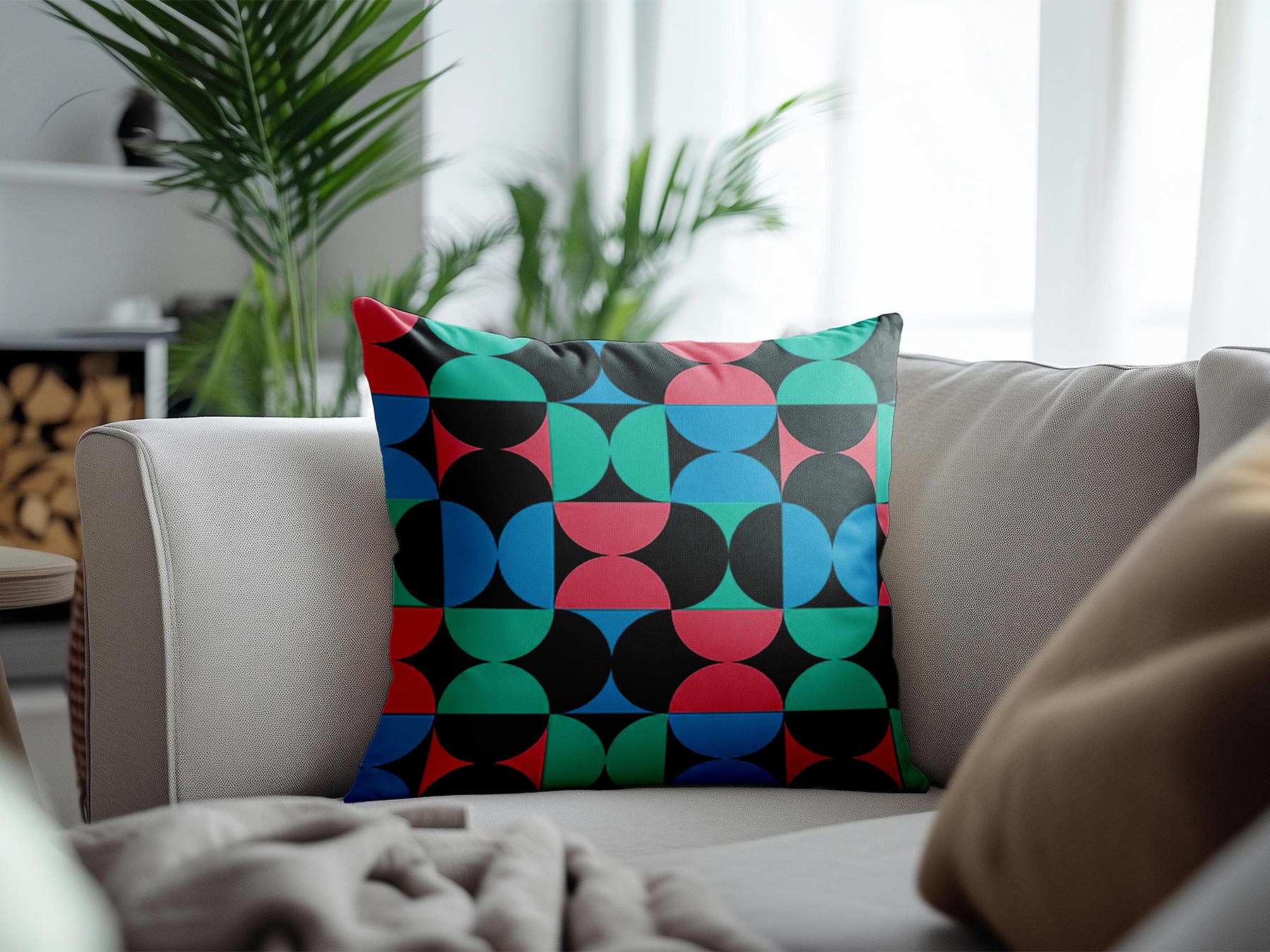 Square Pillow Free Mockup on Couch in Living Room